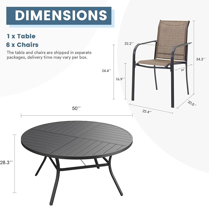 DIFY 7 Pieces Outdoor Patio Dining Set for 6, 50" Black Round Metal Dining Table and 6 Brown Stackable Sling Dining Chairs, Outdoor Table and Chairs for Lawn Garden Backyard Deck