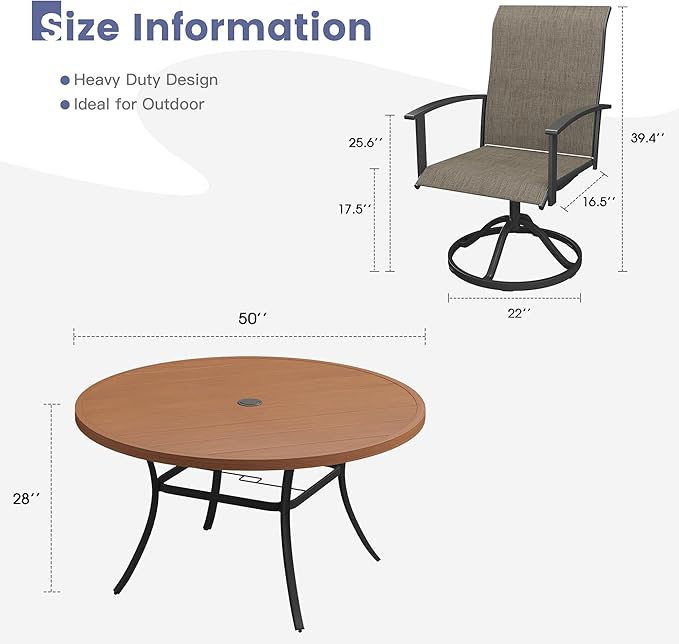 VICLLAX Outdoor Table and Chairs Set for 6, Patio Dining Set of 50" Metal Round Patio Table with Umbrella Hole & 6 Swivel Outdoor Dining Chairs for Backyard Lawn, Mixed Brown & Walnut