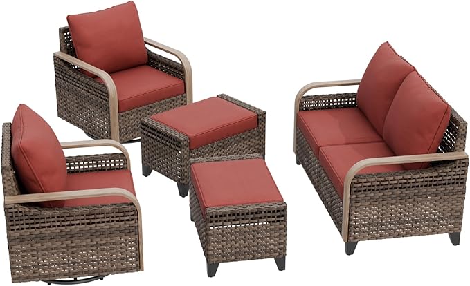 EAGLE PEAK Modern Wicker Outdoor Patio Furniture Set, Patio Conversation Set, 2 Swivel Rocking Chairs, 2-Seat Loveseat and 2 Ottomans, 5 Pieces, Brown/Red
