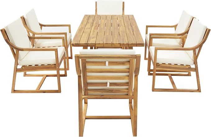 Merax 7-Piece Patio Dining Set, Acacia Wood Rectangular Dining Table and Chairs Set with Cushions, Outdoor Furniture Set for Backyard, Garden, Poolside,Light Teak