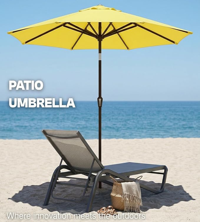 PatioKingdom Auto-Tilt 9FT Patio Umbrella Outdoor with 8 Sturdy Fiberglass Ribs,Market Table Umbrella for Pool,Backyard,Deck and Garden