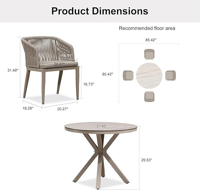 PURPLE LEAF 5 Pieces Patio Round Dining Set Aluminum Frame and Wicker Rattan Round Table and Arm Chairs with Cushions for Garden Porch Kitchen Modern Outdoor Champagne