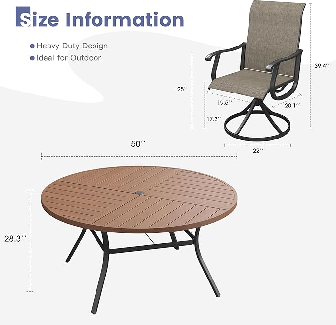 VICLLAX 7 Pieces Patio Dining Set, Patio Furniture Set of 6 Patio Swivel Dining Chairs and 50" Patio Spliced Round Tabletop, Mixed Brown Chairs & Walnut Tabletop