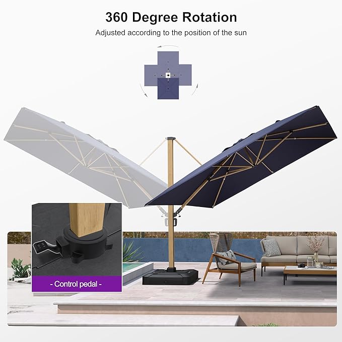 PURPLE LEAF 11FT Patio Umbrella Square Cantilever Umbrella Teak Finished Aluminum Frame Large Windproof Offset Outdoor Sun Umbrellas for Beach Pool Deck, Navy Blue