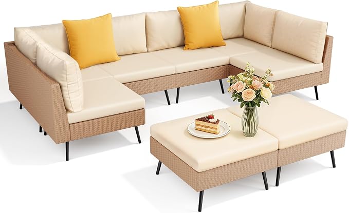 Pamapic 8-Piece Wicker Outdoor Furniture Set, All-Weather Patio Conversation Set with Thick Cushions & 2 Multi-Use Ottomans, Sectional Sofa Patio Furniture Set for Backyard, Porch, Beige
