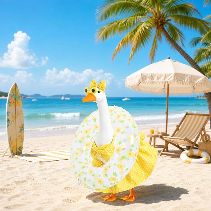 Summer Porch Goose Outfit with Sunglasses and Swim Ring for 23" Goose Statue Hawaiian Bikini Goose Outfits Porch Goose Clothes Costume for Garden Lawn Yard Decor(Yellow DOTT)