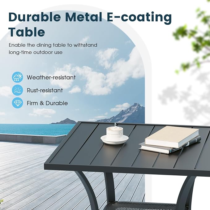 3 Pieces Outdoor Patio Dining Bar Set, 27.6" All Weather Square Metal Slatted Table with Storage Shelf and 2 High Back Textilene Swivel Chairs for Garden, Lawn, Black Table & Brown Chairs