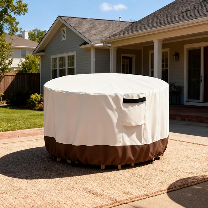 Outdoor Round Table Cover Waterproof Patio Furniture Covers,Patio Round Table Chair Set Covers - 42" Dia x 34" H (Beige & Brown)