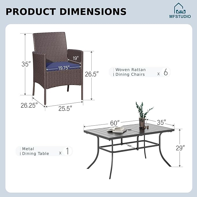 MFSTUDIO 7 Pieces Patio Wicker Outdoor Rattan Dining Furniture Set for 6, Outdoor Furniture Rectangular Dining Table and Chairs Set, Patio Wicker & Metal Dining Set for 6 and Chairs