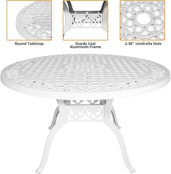 48" Cast Aluminum Outdoor Dining Table,Dining Conversation Side Table, Patio Bistro Table with 2.36" Umbrella Hole for Backyard, Garden, Patio, Porch