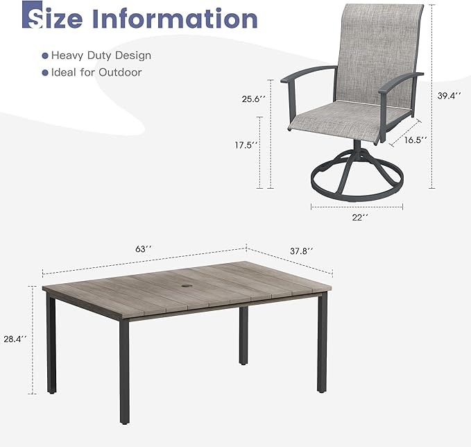 VICLLAX 7 Pieces Patio Dining Set, Patio Furniture Set of Metal Outdoor Table with Umbrella Hole and 6 Swivel Patio Chairs for Backyard Lawn, Grey & Antique Grey