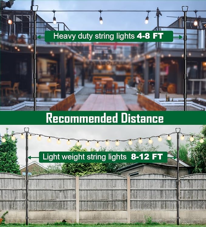 10Ft String Light Poles for Outside, Adjustable Metal Poles for Outdoor String Lights, Rustproof & Sturdy Light Stand Posts for Patio, Backyard, Deck, Garden, Party Decorations