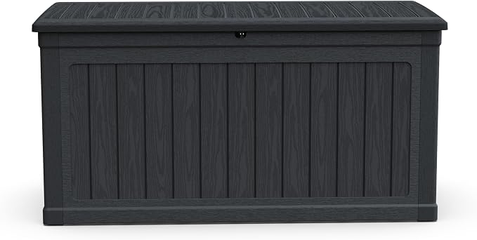 230 Gallon Extra Large Outdoor Storage Deck Box with Lockable Lid, Waterproof Resin Construction, Holds Patio Furniture, Pool Gear, Tools, 440lbs Weight Capacity, Wood-Grain Finish, Black