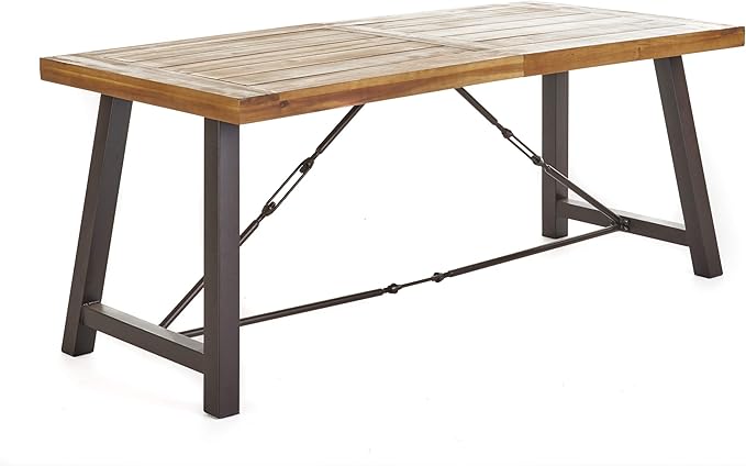 Christopher Knight Home Morley Outdoor Acacia Wood Dining Set with Wicker Stacking Chairs, 6-Pcs Set, Teak Finish / Rustic Metal / Multibrown