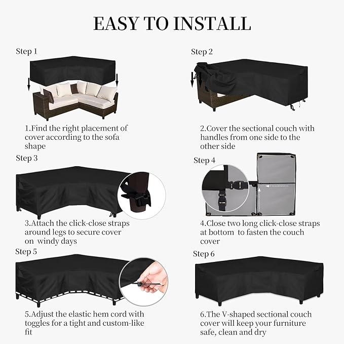 Easy-Going 600D Patio V-Shaped Sectional Sofa Cover, Waterproof Outdoor Sectional Cover, Heavy Duty Garden Furniture Cover with Air Vent 89" L (on Each Side) x 33.5" D x 31" H, Black