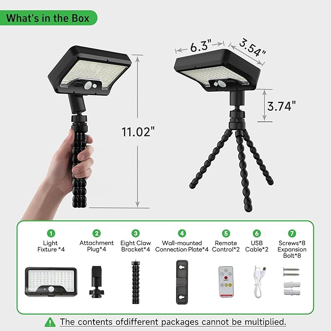 Solar Motion Lights - with Flexible Tripod 3-Color Mode lamp, 92 LEDs 600LM Lights with 2700K/5000K/7000K Adjustable Hightlight, Security Lights for Fence, Deck, Gutter (4-Pack