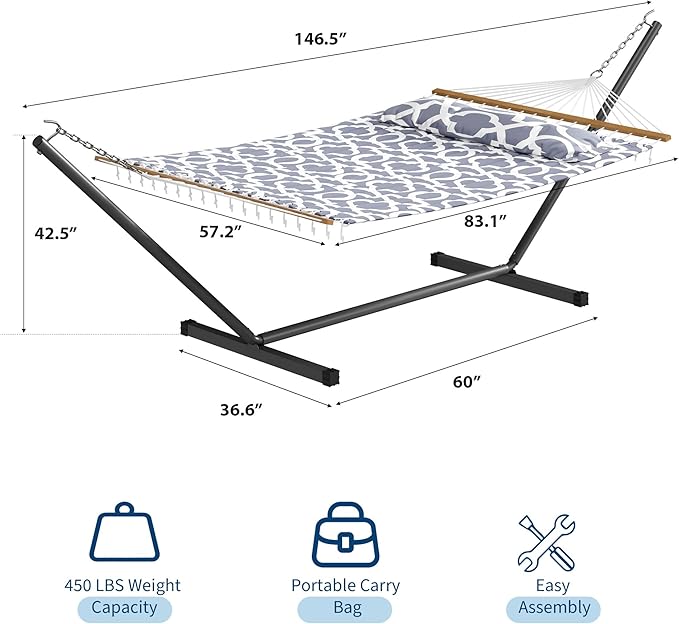 Garvee 57" Double Hammock with Heavy Duty Stand – 2 Person Hammock, Widening Cotton Fabric Design, 450 LB Capacity for Indoor & Outdoor Use (Light Grey)