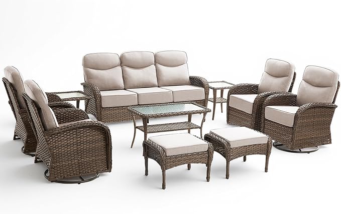 10 Pieces Luxury Outdoor Patio Furniture Set with 6-Inch Thick Cushions, Wicker Outdoor Furniture with High Back Swivel Patio Chairs Set of 4, Wicker Conversation Set for Deck Garden Porch, Beige