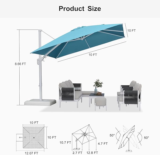PURPLE LEAF 10 FT Right-left Tilt White Cantilever Umbrella with Base Patio Outdoor Swivel Umbrellas with Aluminum Tilt Offset Umbrella with 360° Rotation for Deck Pool, Turquoise