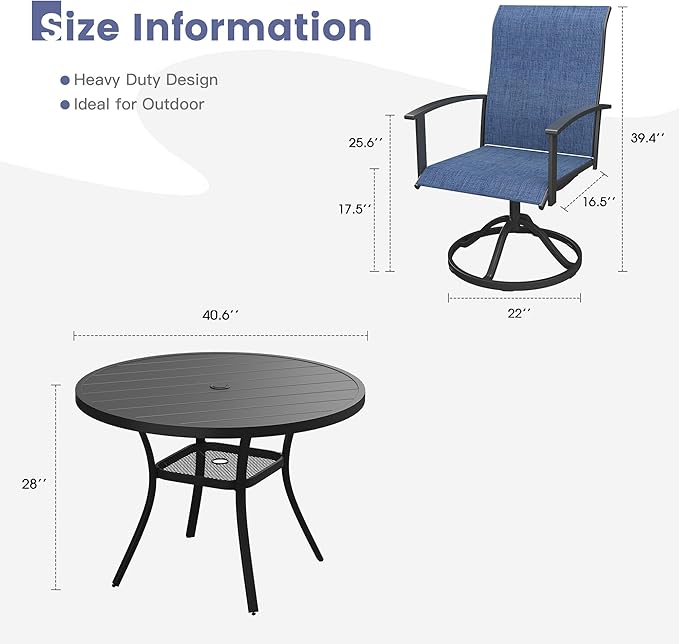 VICLLAX Outdoor Table and Chairs Set for 4, Patio Dining Set of 40.7" Metal Round Patio Table with Umbrella Hole & 4 Swivel Outdoor Dining Chairs for Backyard Lawn, Dark Blue & Black