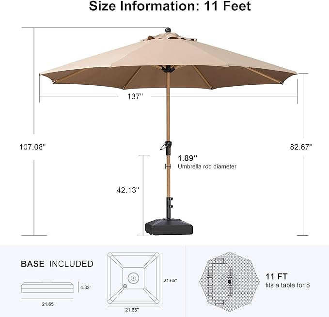 PURPLE LEAF 11 Feet Patio Umbrella with Base Round Outdoor Table Umbrella Aluminum Market Umbrella with with 8 Sturdy Ribs and Crank Outdoor Umbrellas for Lawn Garden Patio, Taupe