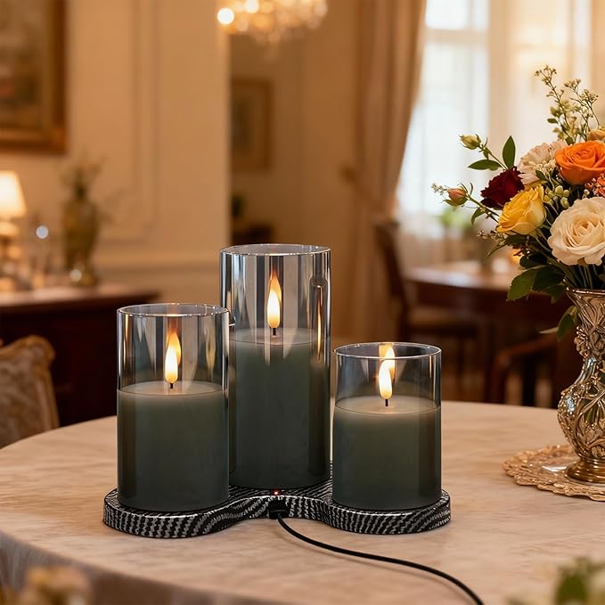 GenSwin Rechargeable Candles with Remote Timer and Charging Base, Set of 3 Glass Battery Operated Candles with 3D Flickering Wick, Black LED Flameless Candle for Home Party Decor(D3” x H4”5”6”)