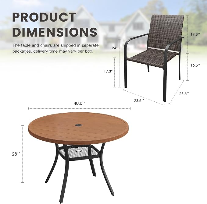 Outdoor Dining Set for 4, 40.6" Metal Round Outdoor Dining Table with Umbrella Hole and Wicker Stackable Patio Chairs, 5 Pieces Patio Table and Chairs Set for Garden Backyard, Walnut