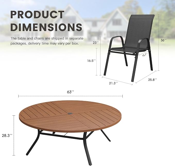 11 Pieces Outdoor Dining Set, 63.1" Spliced Patio Table with Umbrella Hole & Stackable Outdoor Dining Chairs, Patio Furniture Set for Deck Garden Porch, Black Chairs & Walnut Table