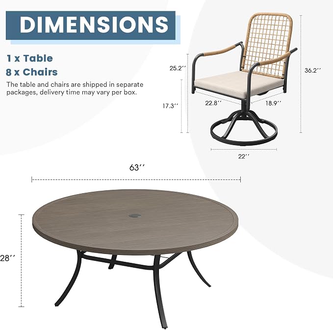 DIFY 9 Pieces Outdoor Dining Set for 8, 63" Round Dining Table with Umbrella Hole & Wicker Swivel Patio Chairs with Cushions, Metal Patio Table and Chairs Set for Backyard Porch, Grey Wood-Like
