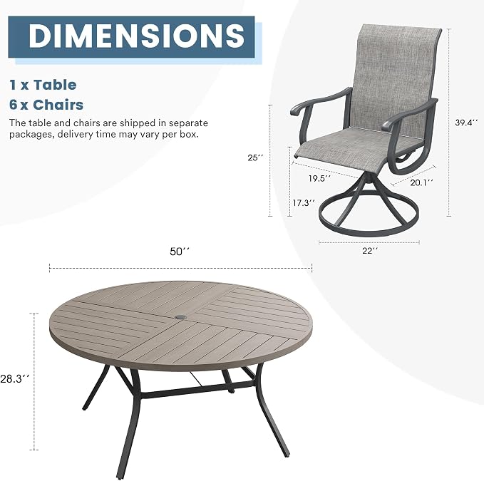 DIFY Patio Table and Chairs Set for 6, 7 Piece Outdoor Dining Set, 50" Grey Wood-Like Round Metal Dining Table with Umbrella Hole and 6 Grey Textilene Swivel Patio Chairs, for Garden Backyard Deck