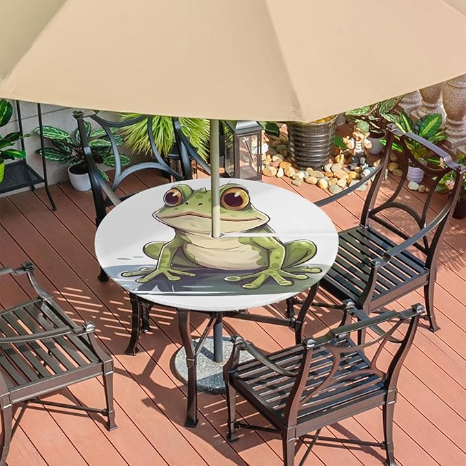 Fitted Round Tablecloth with Umbrella Hole and Zipper Frog Outdoor Elastic Table Cloth 45"-56" Oil-Proof Waterproof Green Frog Patio Table Cover for Picnic Party