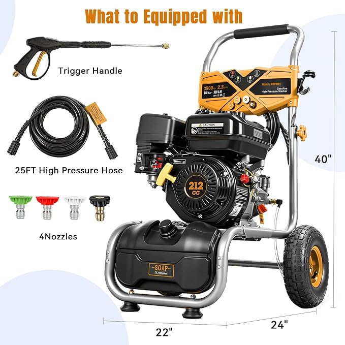 3500PSI Gas Pressure Washer, 212CC / 2.3GPM / 7HP / 4-Stroke Gas Power Washer with 4 Quick Connect Nozzles, 25FT Hose, Soap Tank, Gas Powered Pressure Washers for Driveways Decks Cars Paint Prep