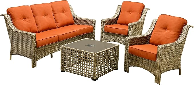 Outdoor Patio Furniture Sets, 4 PCS Patio Conversation Set Outside Rattan Sofa with Solar Light Coffee Table Comfy Cushions Fit Backyard Porch Garden Poolside Balcony,Coarse Stripes Red