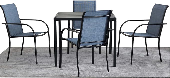 5 Pieces Patio Dining Set for 4, Blue Patio Stackable Chairs and Black Square Table Set of 4, Outdoor Furniture Set with Sling Support for Outside, Garden