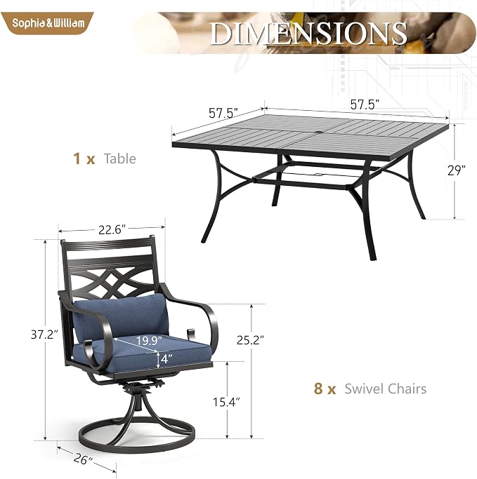 Sophia & William Patio Dining Set, Steel, Black | Umbrella Hole, Swivel Chairs, E-Coated, Cushions Included, For Patio, Garden and Yard