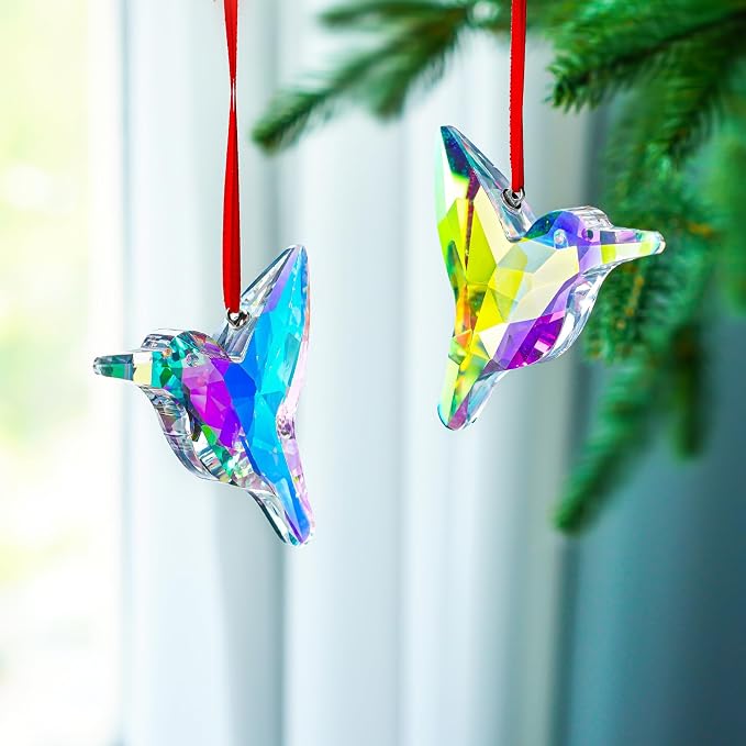 2 Pcs 3 Inch AB Coating Crystal Hummingbird Suncatcher Hanging Window Decor | AB Colored Crystal Glass Hummingbird Prisms Sun Catchers Hanging Pendants Set of 2 for Window Garden Christmas Tree Decor