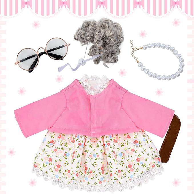 1 Set Old Lady Porch Goose Outfit for 23 Inch Goose Statues | Includes Grandma Goose Clothes with Cane, Silver Wig, Glasses and Faux Pearl Necklace for Summer Yard and Garden Displays