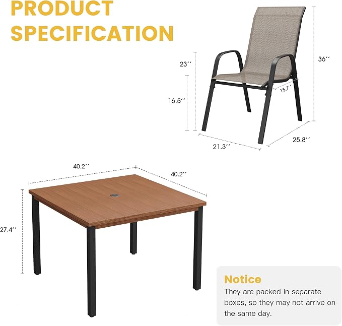 VICLLAX Patio Dining Set for 4, All Weather 5-Piece Patio Set-40.2" Square Outdoor Table and 4 Stackable Chairs for Lawn Garden and Backyard,Walnut Tabletop