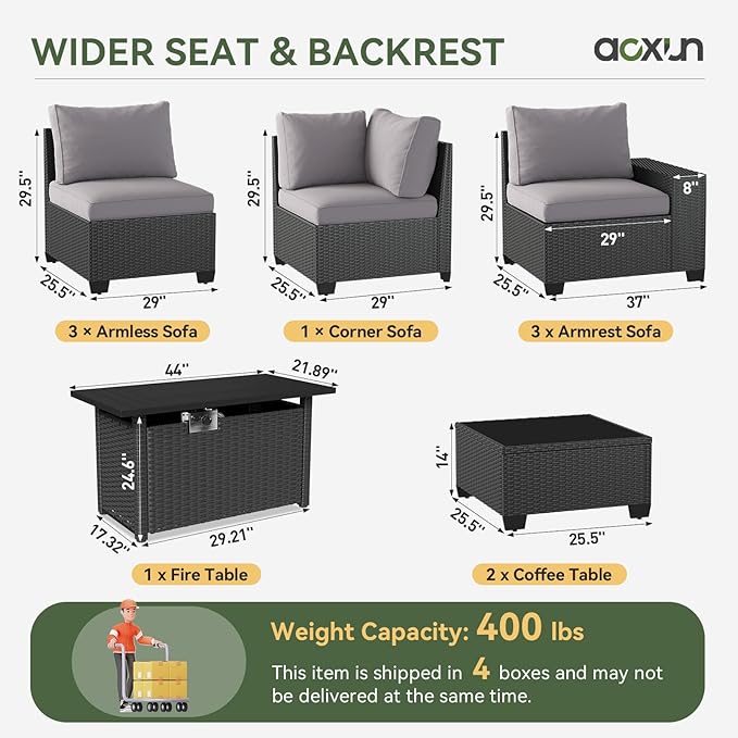 Aoxun Patio Furniture Sets with 44'' Fire Pit, 10 Pcs Outdoor Patio Coversation Set with 4'' Thicken Cushion, Widen Armrests Wicker Outdoor Sectional for Backyard (Waterproof Cover Include)