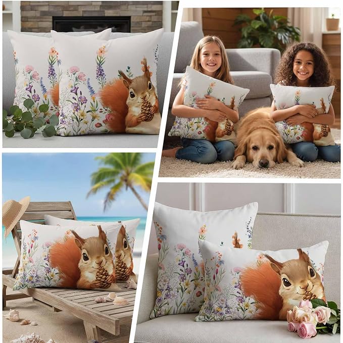 Fall Squirrel Waterproof Outdoor Pillow Covers Set of 2 Home Decor, Botanical Watercolor Flower Leaf Plant Pillowcase Patio Pillow Covers for Couch Bench Furniture Garden 24x24in