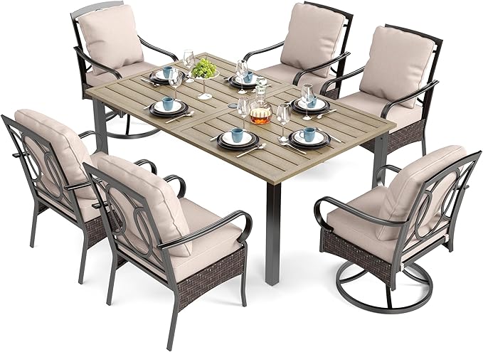 SUNSHINE VALLEY 7 Piece Patio Dining Sets for 6, Outdoor Table and Chairs with Cushioned Wicker Swivel & Leg Patio Dining Chairs & Wood-Like Dining Table, Outdoor Dining Sets for Lawn Garden Backyard