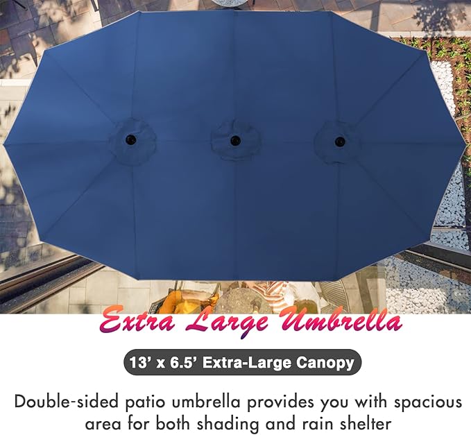 PHI VILLA 7 Piece Patio Dining Set with Umbrella, 60” Rectangular Metal Dining Table & 6 Stackable Metal Chairs & 13ft Large Navy Umbrella for Outdoor, Deck, Yard, Porch