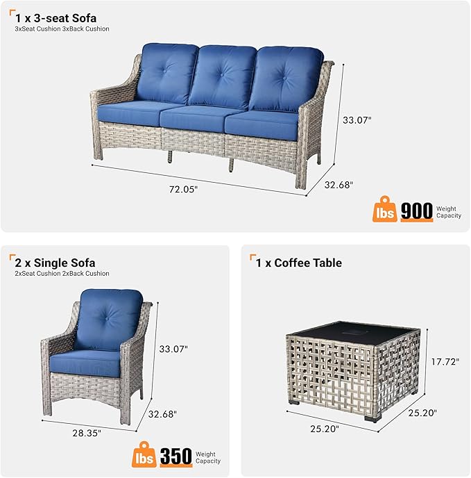 ovios 4 Piece Outdoor Patio Furniture with 3 Seat Sofa,Rattan Wicker Coversation Set with High Back,Sectional Single Sofa with Ottoman for Outside Porch Balcony Backyard Pool, Navy Blue