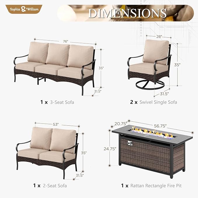 Sophia & William Patio Furniture Set with Fire Pit Table, 5 PCS Metal Outdoor Conversation Set with Fire Pit Table, 2 Swivel Chairs,1 Loveseat, 3-Seater Couch for Outdoor Seating, Backyard, Porch