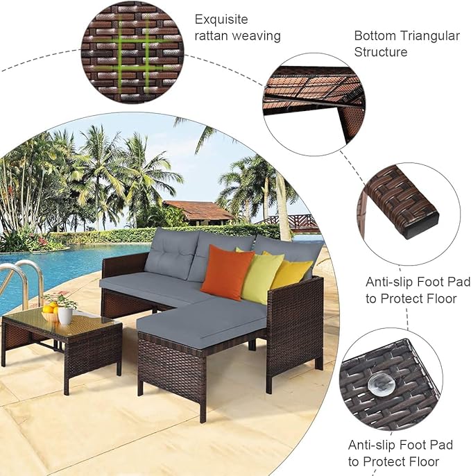 Fireflowery 3-Piece Outdoor Rattan Sectional Sofa Set, Patio Wicker Rattan Conversation Furniture Set, Steel Frame & Seat Cushion, Perfect for Garden Lawn Pool Backyard (Grey)