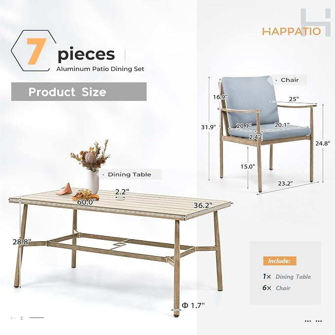 HAPPATIO 7-Piece Outdoor Dining Set for 6, Aluminum Patio Dining Set Includes 6 Dining Chairs and 1 Large Rectangular Table with Umbrella Hole, Patio Furniture Set for Lawn, Porch, Backyard, Brown