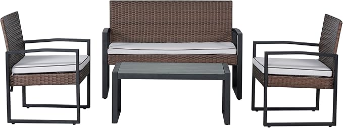 JONATHAN Y LVG1102B-4SET Elina 4-Piece Modern Coastal Faux Wicker Conversation Outdoor Patio Set Mid-Century, Classic, Transitional, Traditional, Minimalist, White/Black