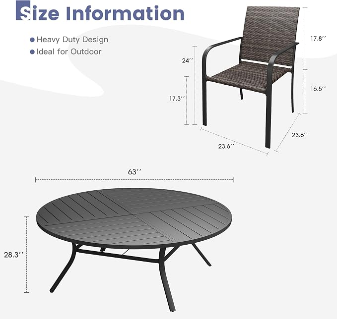 VICLLAX 11 Pieces Outdoor Dining Set, 10 Stakable Wicker Patio Chairs and 63" Patio Round Metal Table with Umbrella Hole for Backyard Lawn Garden, Black Tabletop
