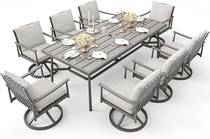 9-Piece Outdoor Dining Set for 8, Aluminum Dining Set with Cushions, 8 Swivel Chairs with Rope Backrest, Large Rectangular Table with Umbrella Hole, Patio Dining Set for Lawn Porch Yard,Grey