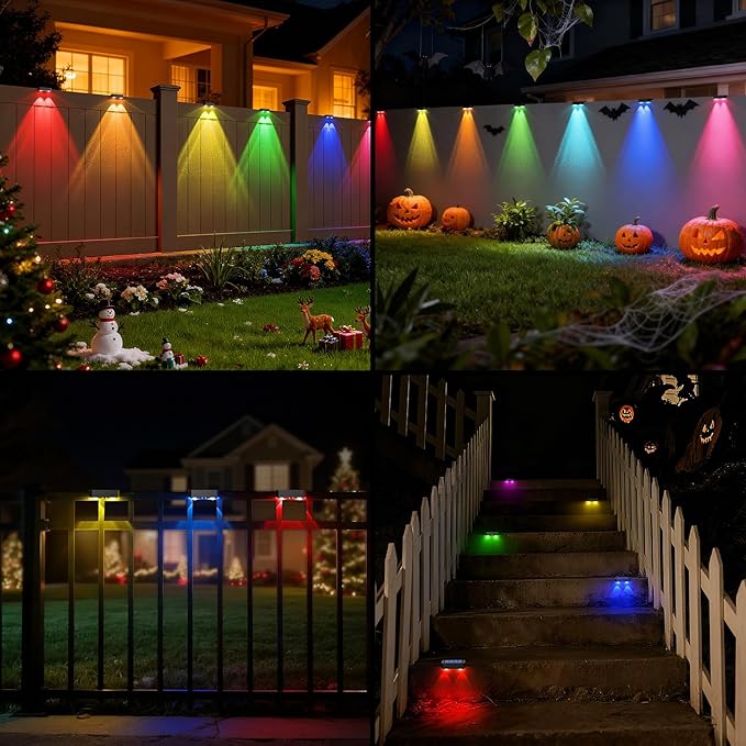 Peasur Solar Fence Lights Outdoor RGB, 2 Pack Step Light Solar Powered, Waterproof LED Deck Lights for Stairs Railing Yard Patio Outside